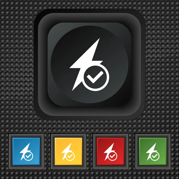 Photo flash icon sign. symbol Squared colourful buttons on black texture. Vector — Stok Vektör