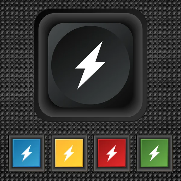 Foto flash icona segno. simbolo Pulsanti colorati quadrati su struttura nera. Vettore — Vettoriale Stock