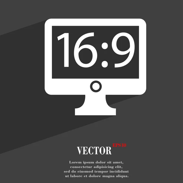 Rapporto d'aspetto 16 9 icona TV widescreen simbolo piatto web design moderno con lunga ombra e spazio per il testo. Vettore — Vettoriale Stock