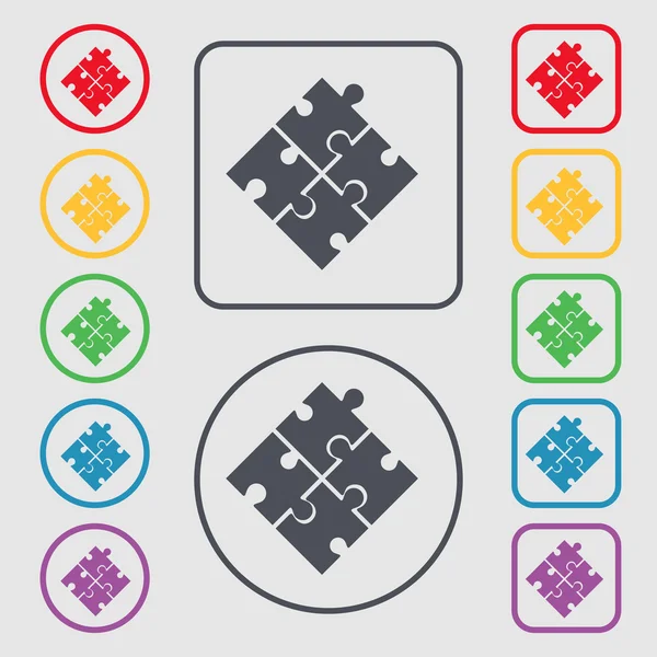 Puzzle piece icon sign. symbol on the Round and square buttons with frame. Vector — Διανυσματικό Αρχείο