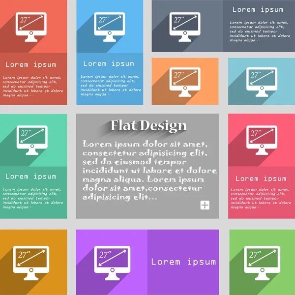 Diagonal do sinal do ícone do monitor de 27 polegadas. Conjunto de botões multicoloridos. Estilo metro com espaço para texto. O Vetor das Sombras Longas — Vetor de Stock