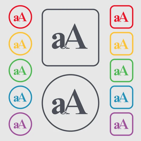 Enlarge font, aA icon sign. symbol on the Round and square buttons with frame. Vector — Stockvector