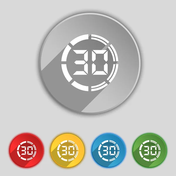 Signo del icono del cronómetro de 30 segundos. Símbolo en cinco botones planos. Vector — Vector de stock