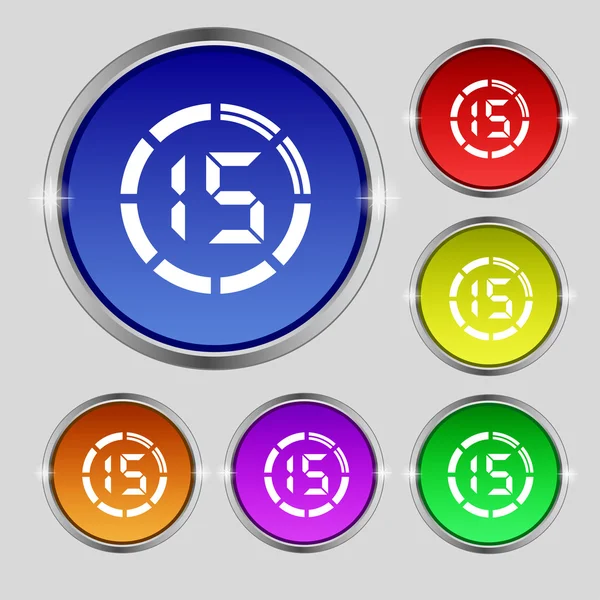 15 second stopwatch icon sign. Round symbol on bright colourful buttons. Vector — Stockový vektor