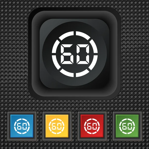 60 second stopwatch icon sign. symbol Squared colourful buttons on black texture. Vector — Stockvector