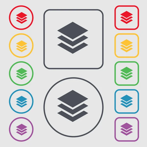 Sinal de ícone de camadas. símbolo nos botões redondos e quadrados com quadro. Vetor — Vetor de Stock