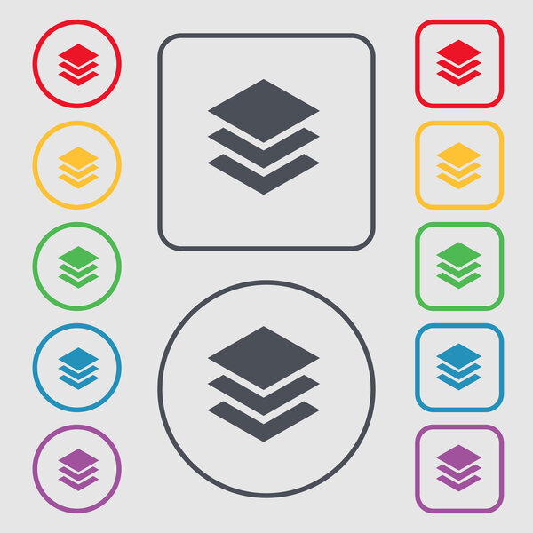 Layers icon sign. symbol on the Round and square buttons with frame. Vector