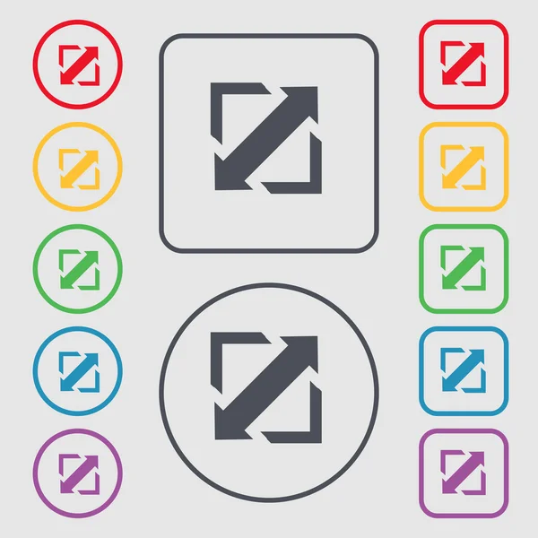 Implementación de vídeo, signo de icono de tamaño de pantalla. símbolo en los botones Redondo y cuadrado con marco. Vector — Vector de stock