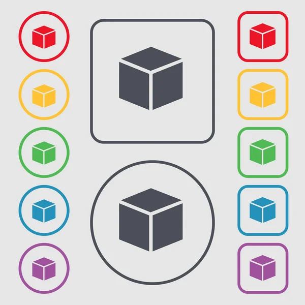 3d cube icon sign. symbol on the Round and square buttons with frame. Vector — Stok Vektör