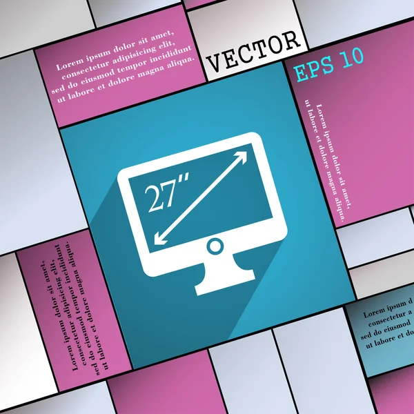 Diagonal do monitor símbolo de ícone de 27 polegadas Design web moderno plano com sombra longa e espaço para o seu texto. Vetor — Vetor de Stock