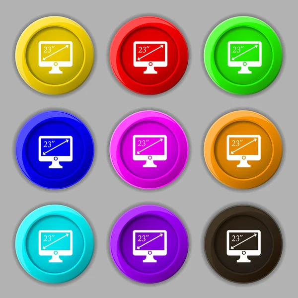Diagonal del signo de icono del monitor de 23 pulgadas. símbolo en nueve botones redondos de colores. Vector — Vector de stock