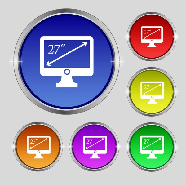 Diagonal del signo de icono del monitor de 27 pulgadas. Símbolo redondo en botones de colores brillantes. Vector — Archivo Imágenes Vectoriales