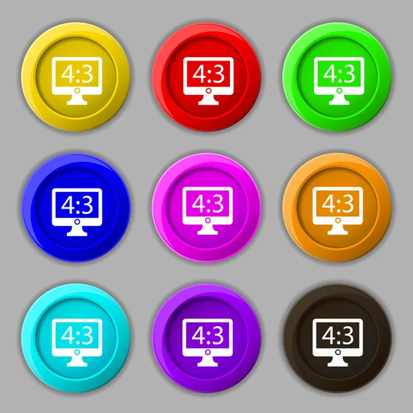 Aspect ratio 4 3 widescreen tv icon sign. symbol on nine round colourful buttons. Vector — Stok Vektör