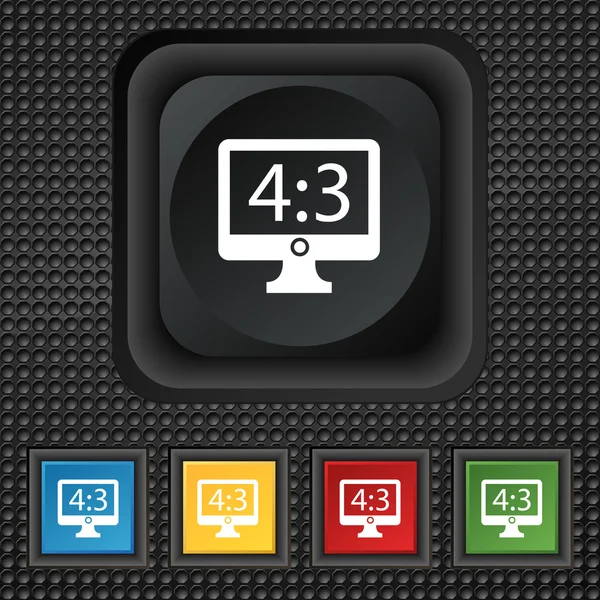 Aspect ratio 4 3 widescreen tv icon sign. symbol Squared colourful buttons on black texture. Vector — ストックベクタ