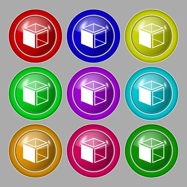 3d signo de icono de cubo. símbolo en nueve botones redondos de colores. Vector — Vector de stock