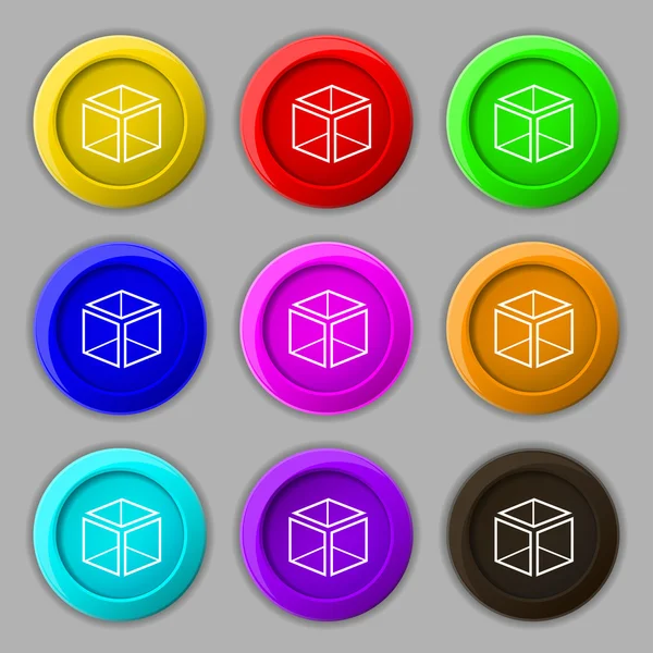 3d signo de icono de cubo. símbolo en nueve botones redondos de colores. Vector — Vector de stock