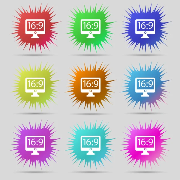 Aspect ratio 16 9 widescreen tv icon sign. A set of nine original needle buttons. Vector — ストックベクタ