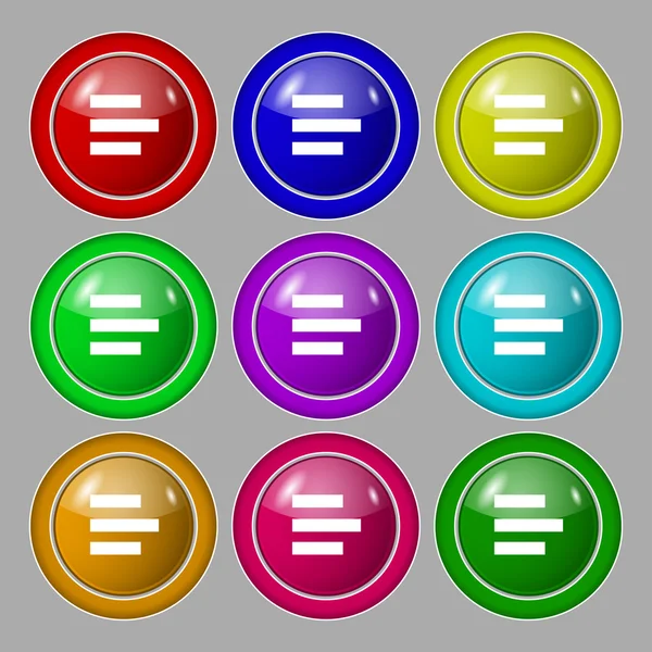Signo de icono alineado a la izquierda. símbolo en nueve botones redondos de colores. Vector — Vector de stock