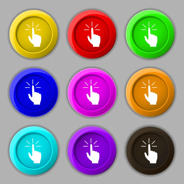 Click here hand icon sign. symbol on nine round colourful buttons. Vector — Stockový vektor