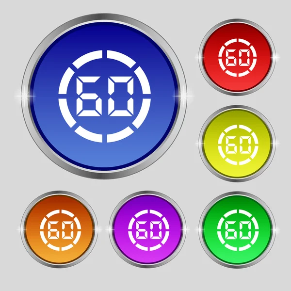 Signo del icono del cronómetro de 60 segundos. Símbolo redondo en botones de colores brillantes. Vector — Archivo Imágenes Vectoriales