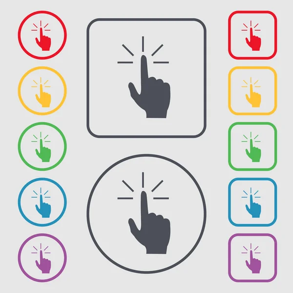 Click here hand icon sign. symbol on the Round and square buttons with frame. Vector — Stockvector