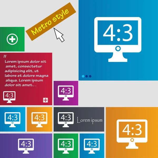 Aspect ratio 4 3 écran large icône de télévision signe. Boutons de style métro. Boutons de site Web d'interface moderne avec pointeur de curseur. Vecteur — Image vectorielle