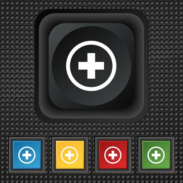 Plus, Positive, zoom icon sign. symbol Squared colourful buttons on black texture. Vector — 图库矢量图片