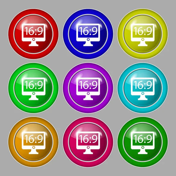 Aspetto rapporto 16 9 widescreen tv icona segno. simbolo su nove pulsanti colorati rotondi. Vettore — Vettoriale Stock