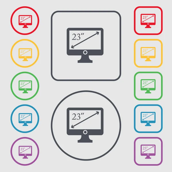 Diagonal of the monitor 23 inches icon sign. symbol on the Round and square buttons with frame. Vector — Stock Vector