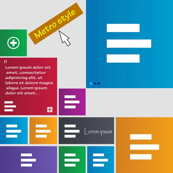 Sinal de ícone alinhado à esquerda. Botões de estilo Metro. Botões de site de interface moderna com ponteiro cursor. Vetor — Vetor de Stock