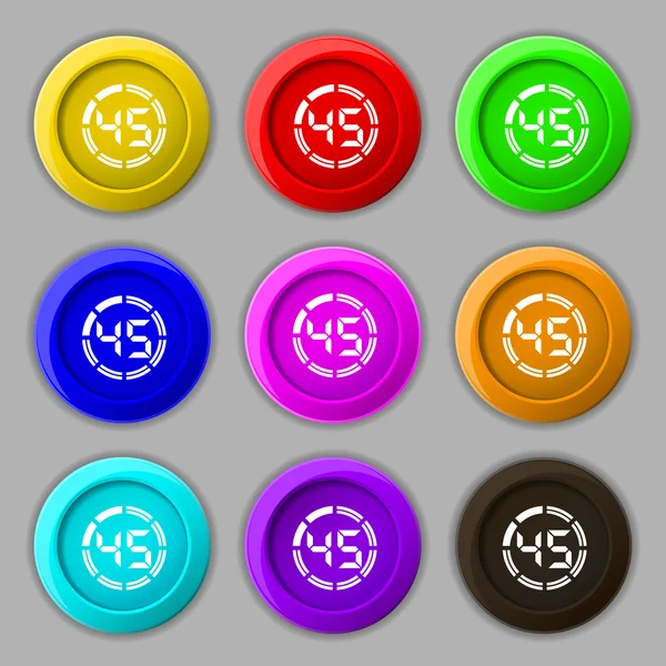 Signo del icono del cronómetro de 45 segundos. símbolo en nueve botones redondos de colores. Vector — Archivo Imágenes Vectoriales
