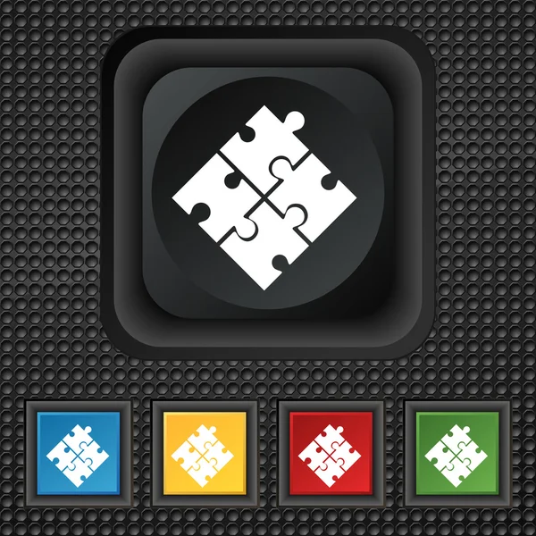 Puzzle piece icon sign. symbol Squared colourful buttons on black texture. Vector — 图库矢量图片