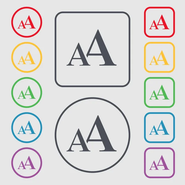 Увеличьте шрифт, значок А. символ на круглой и квадратной кнопках с рамкой. Вектор — стоковый вектор