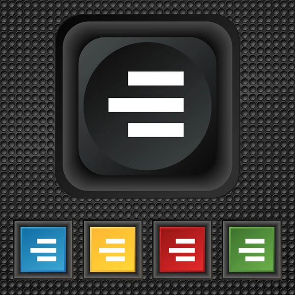 Signo de icono alineado a la derecha. símbolo Botones de colores cuadrados en textura negra. Vector — Vector de stock