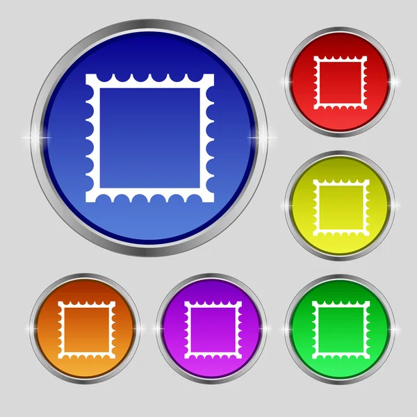 Signo de icono de plantilla de marco fotográfico. Símbolo redondo en botones de colores brillantes. Vector — Vector de stock