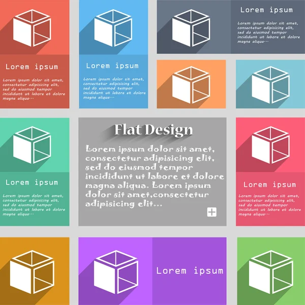 3d cube icon sign. Set of multicolored buttons. Metro style with space for text. The Long Shadow Vector — Wektor stockowy