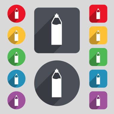 Plastik şişe içki simgesi işareti ile. 12 renkli düğmeler ve uzun bir gölge kümesi