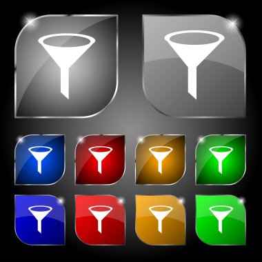 Simgesini işaret huni. Parlama ile on renkli düğmeler kümesi. Vektör