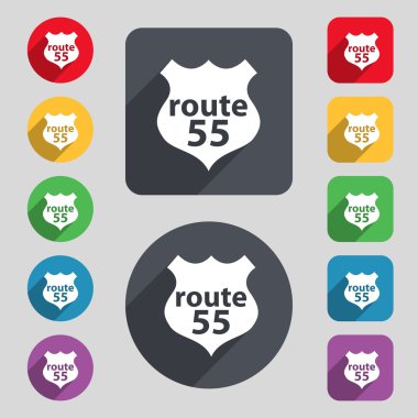 Route 55 highway icon sign. A set of 12 colored buttons and a long shadow