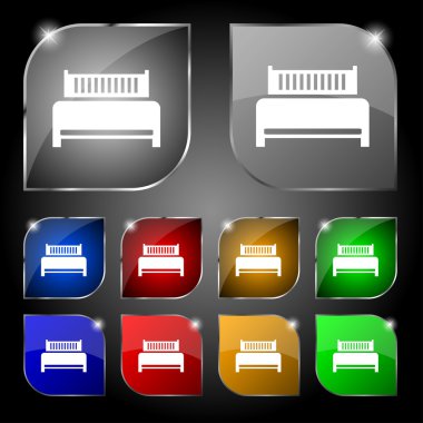 Hotel, bed icon sign. Set of ten colorful buttons with glare. Vector
