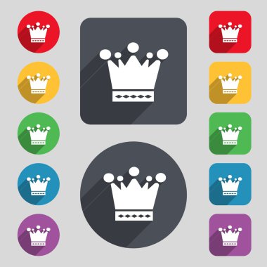 Crown icon sign. A set of 12 colored buttons and a long shadow