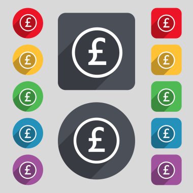 Pound sterling icon sign. A set of 12 colored buttons and a long shadow