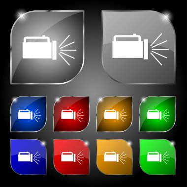 flashlight icon sign. Set of ten colorful buttons with glare. Vector