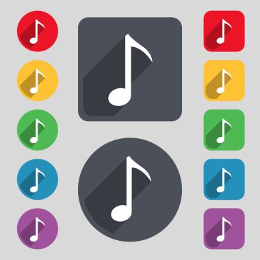 Music note icon sign. A set of 12 colored buttons and a long shadow
