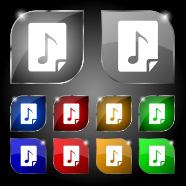 Audio, MP3 file icon sign. Set of ten colorful buttons with glare. Vector