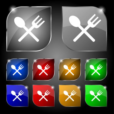 Fork and spoon crosswise, Cutlery, Eat icon sign. Set of ten colorful buttons with glare. Vector
