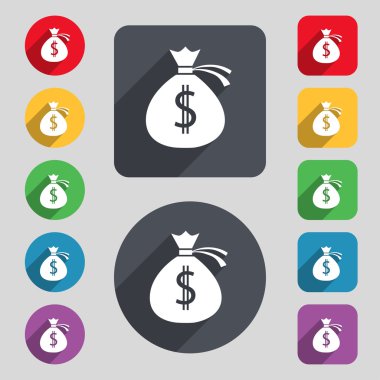 Money bag icon sign. A set of 12 colored buttons and a long shadow