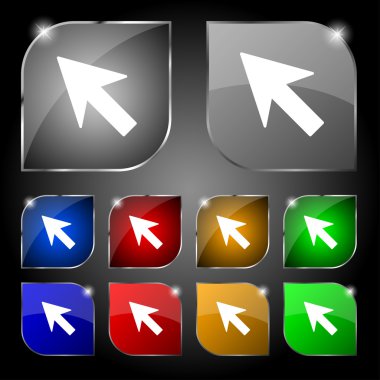 Cursor, arrow icon sign. Set of ten colorful buttons with glare. Vector