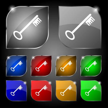 Key icon sign. Set of ten colorful buttons with glare. Vector