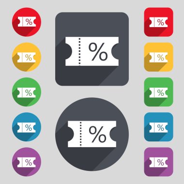 ticket discount icon sign. A set of 12 colored buttons and a long shadow